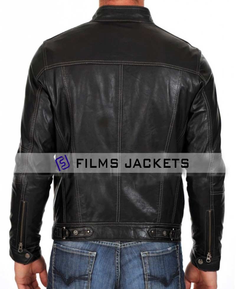 Men's Buckle Tab Collar White Stitched Leather Jacket